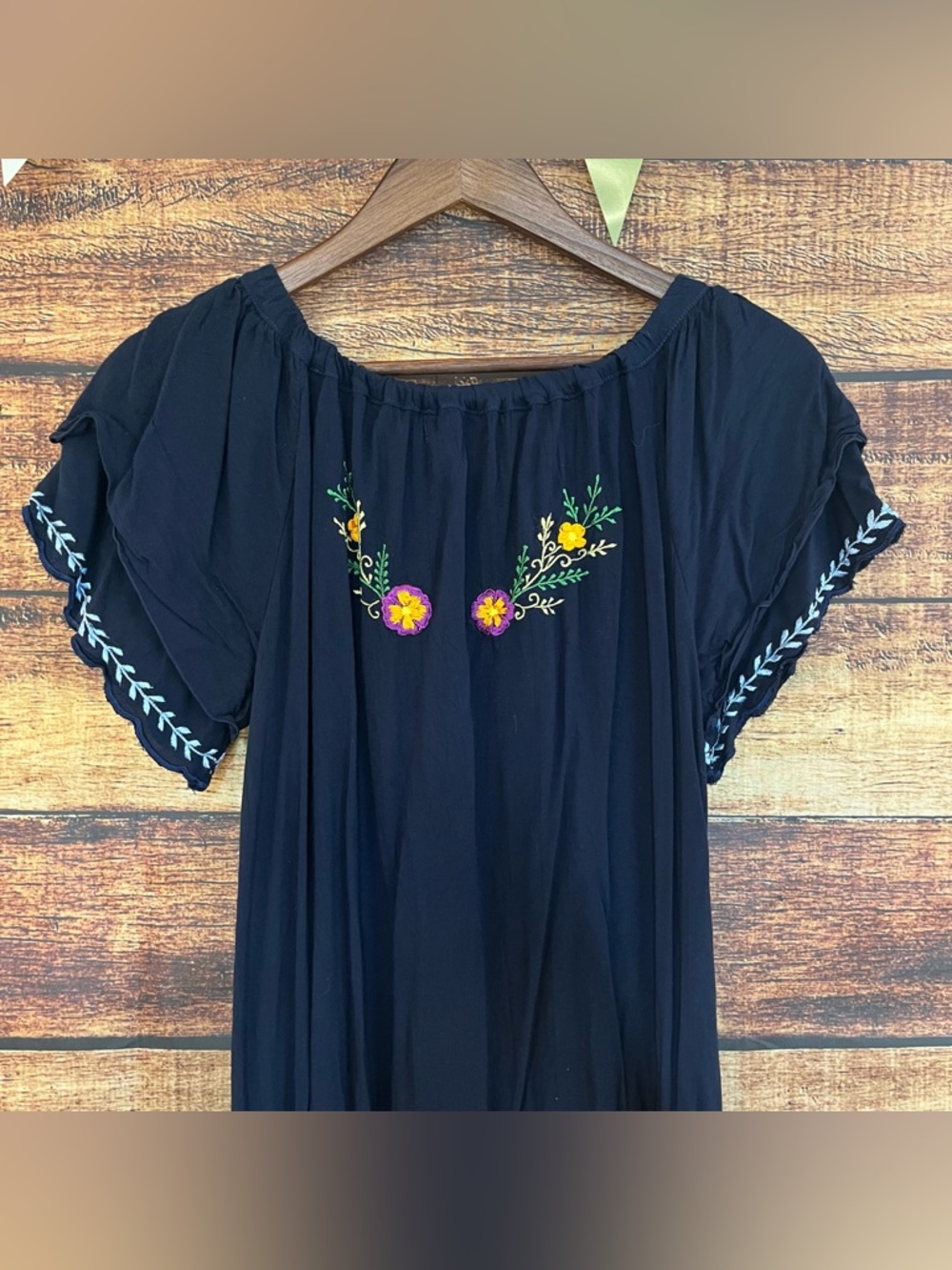Back From Bali Traditional Mexican Off-Shoulder Navy Embroidered Maxi Dress - Picture 7 of 7